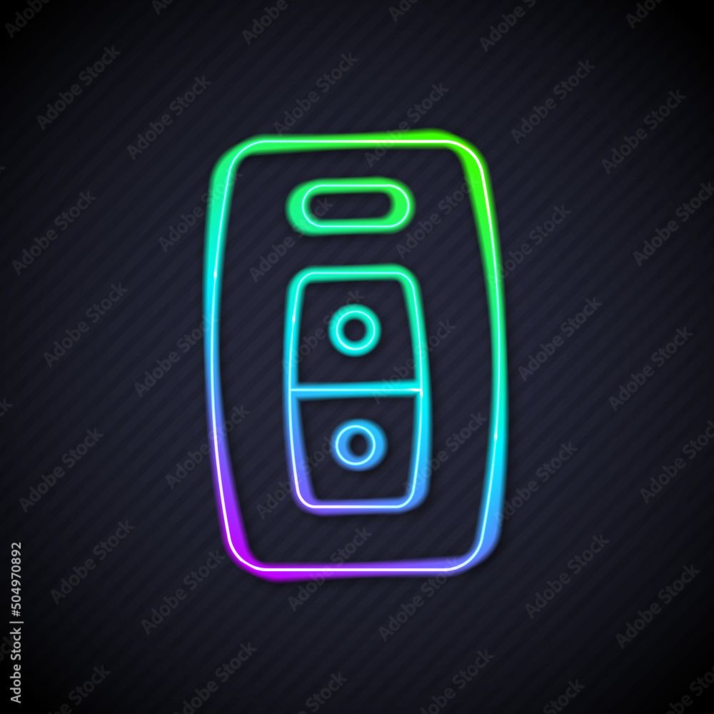 Glowing neon line Car key with remote icon isolated on black background. Car key and alarm system. V