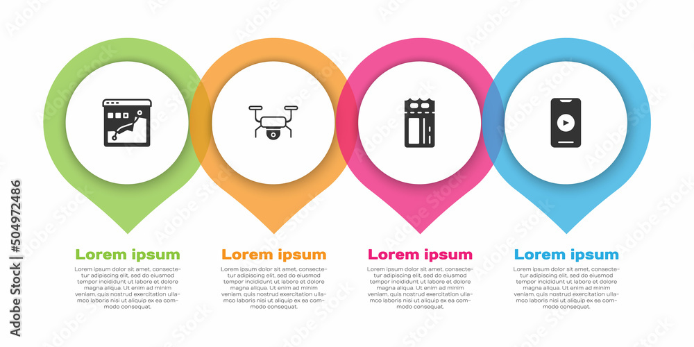 Set Histogram graph photography, Drone flying, Cinema ticket and Online play video. Business infogra