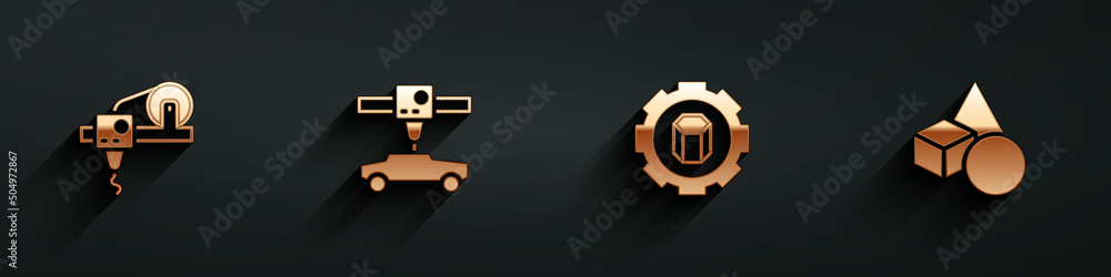 Set 3D printer, car, setting and Basic geometric shapes icon with long shadow. Vector