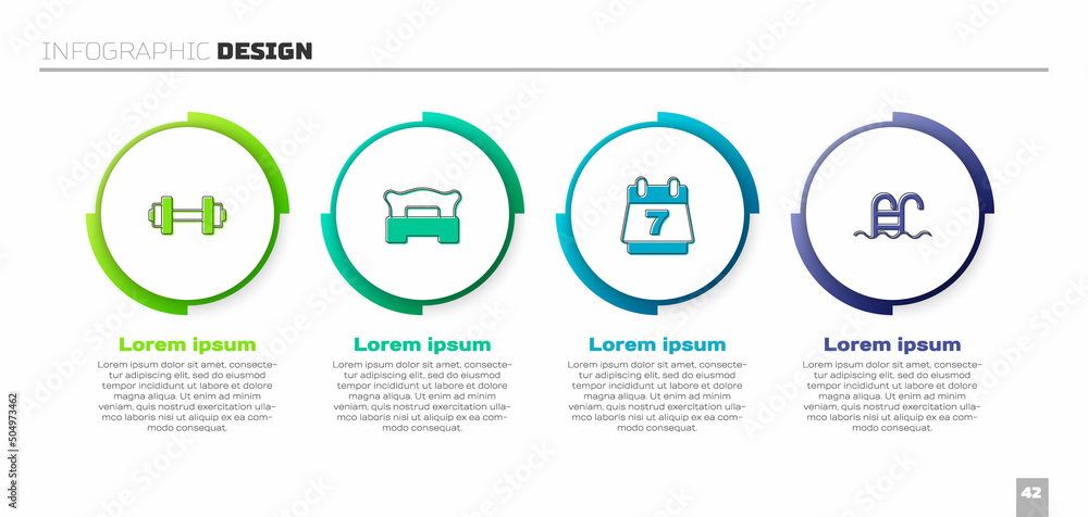 设置哑铃、卧室、酒店预订日历和游泳池。商业信息图模板。Vect