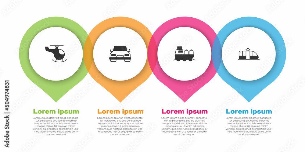设置直升机、汽车、油轮、有轨电车和铁路。商业信息图模板。矢量