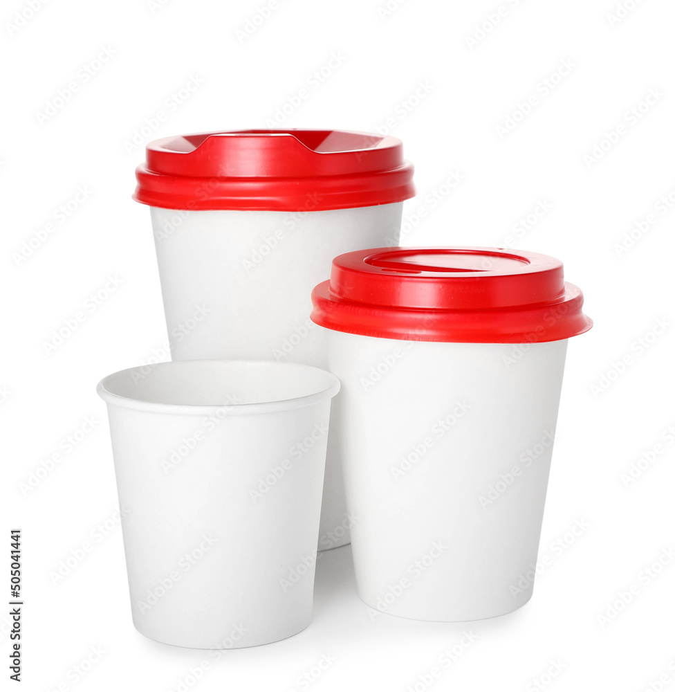 Takeaway paper cups on white background