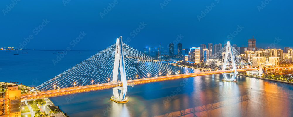 High angle night view of Haikou Century Bridge, Hainan, China