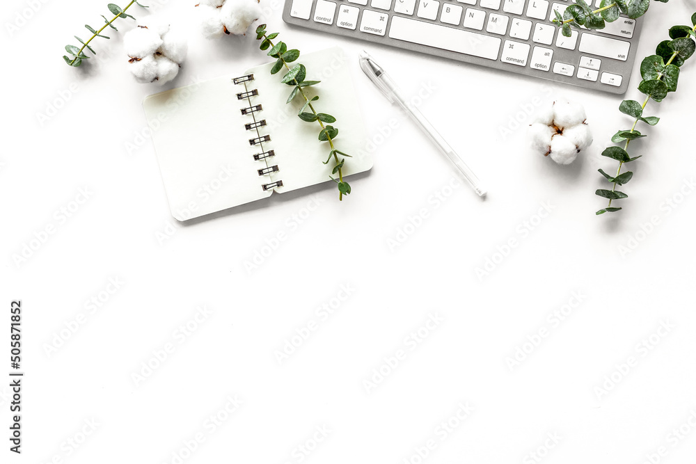 Laptop, cotton branch on white table flat lay copy space. Minimal freelancer desk workspace. Blog he