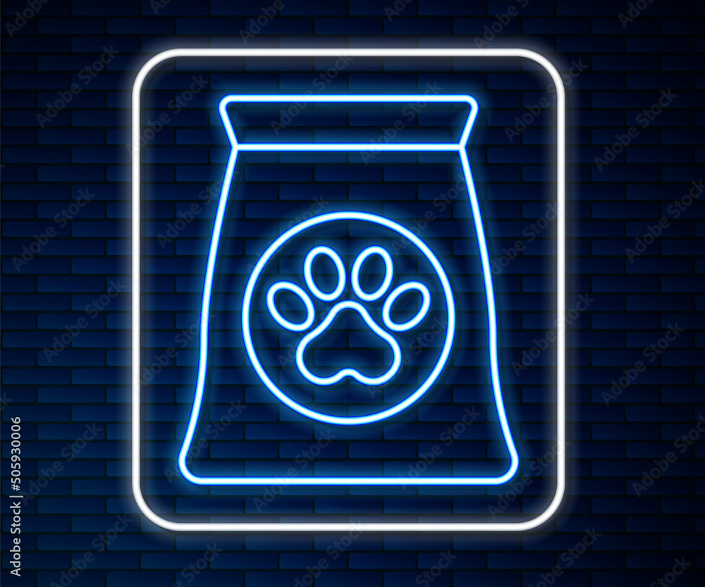 Glowing neon line Bag of food for pet icon isolated on brick wall background. Food for animals. Dog 