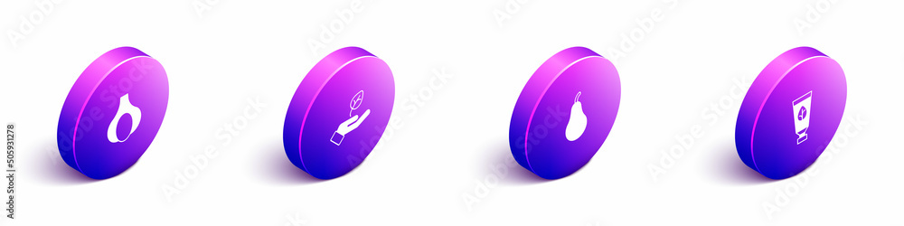 Set Isometric Garlic, Plant in hand, Pear and Organic cosmetic icon. Vector