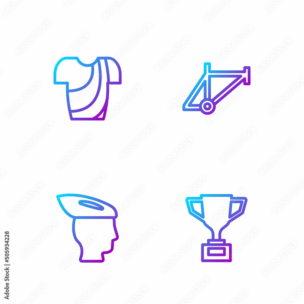 Set line Award cup with bicycle, Bicycle helmet, Cycling t-shirt and frame. Gradient color icons. Ve