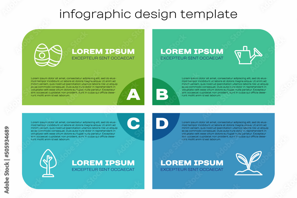 Set line Forest，Easter egg，Sprout and Watering can。商业信息图模板。Vector