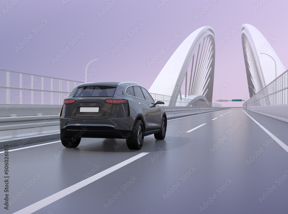 Rear view of black electric SUV driving on the highway bridge. 3D rendering image.