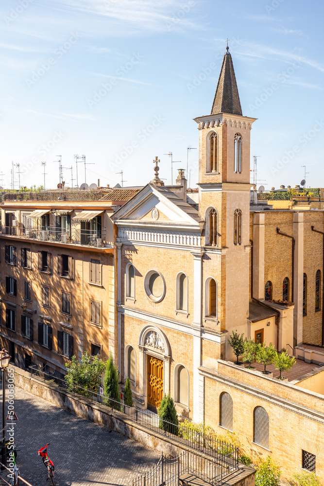 Top View on the street with unknown church at residential district at old town of Rome on a sunny da