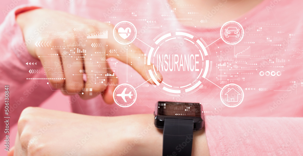 Insurance concept with woman pressing a smart watch