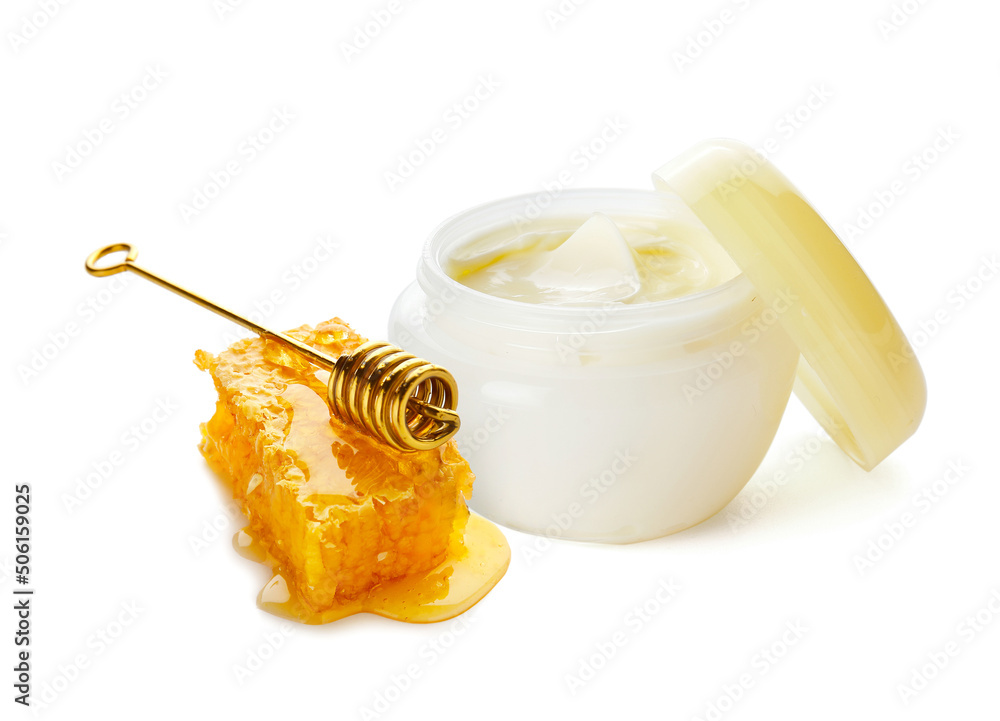 Jar of natural cream on white background