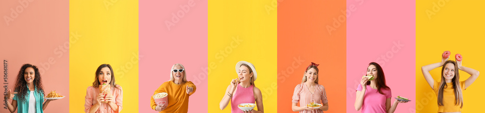 Set of women eating fast food on colorful background