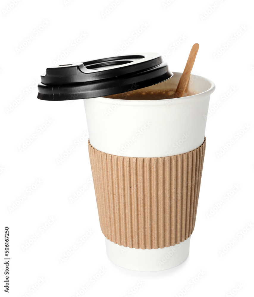 Takeaway paper cup of coffee on white background