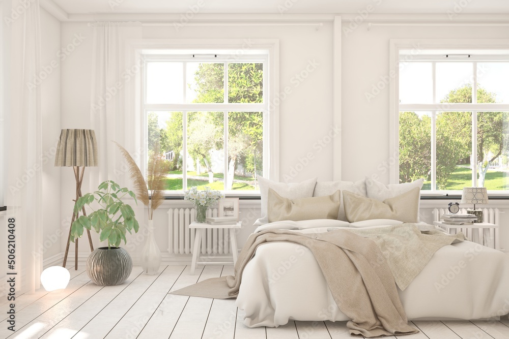 White bedroom interior in a comfortable home with summer landscape in window. Scandinavian design. 3