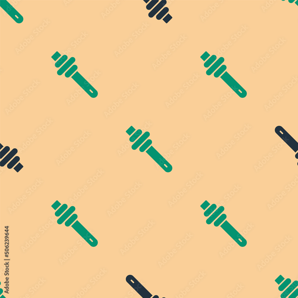 Green and black Honey dipper stick icon isolated seamless pattern on beige background. Honey ladle. 