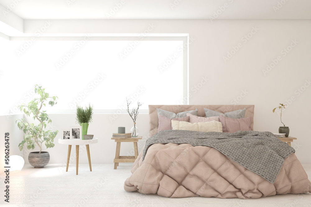 White bedroom interior. Scandinavian design. 3D illustration