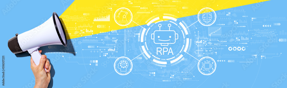 Robotic Process Automation RPA theme with hand holding a white megaphone