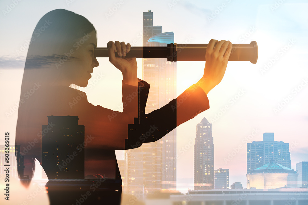 Abstract silhouette of businesswoman with telescope looking into the distance on bright city backgro