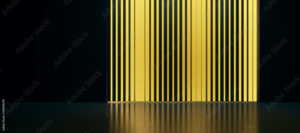 Dark panoramic interior with golden light blinds wall and mock up place on black space. Presentation