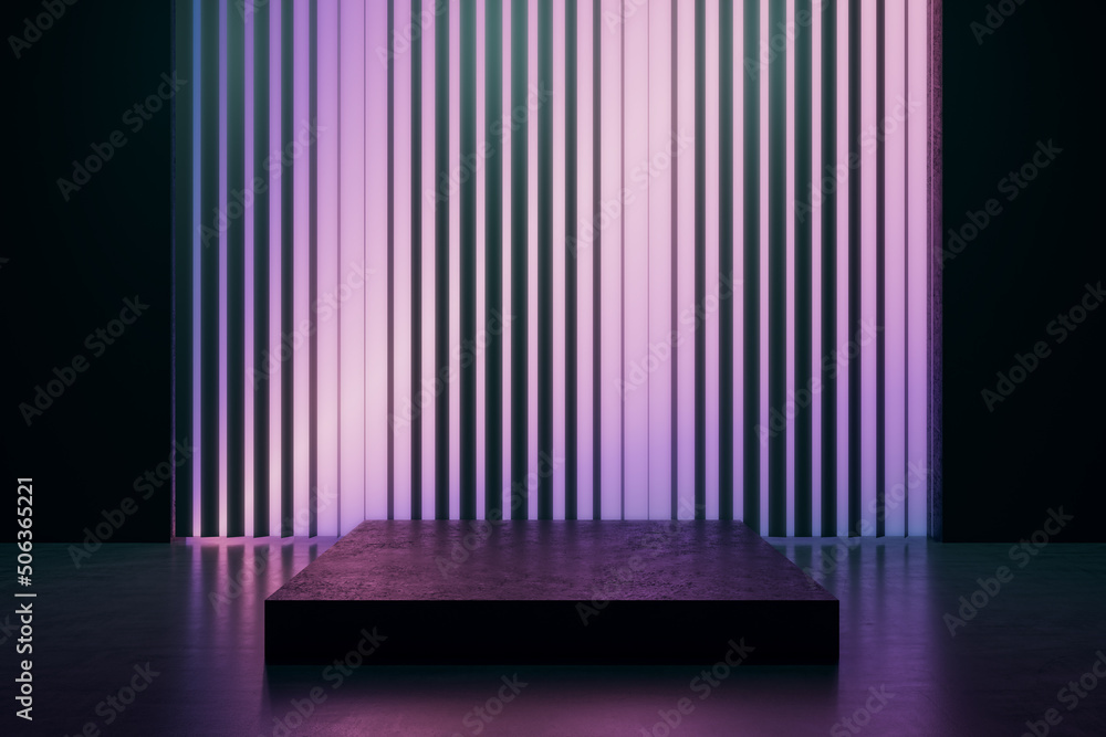 Dark interior with purple light blinds wall, pedestal and mock up place. Presentation concept. 3D Re