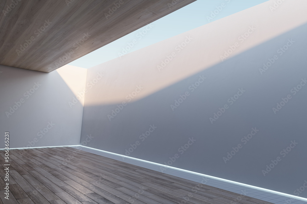 Abstract modern wooden and white concrete interior with ceiling opening with sky view. Mock up place