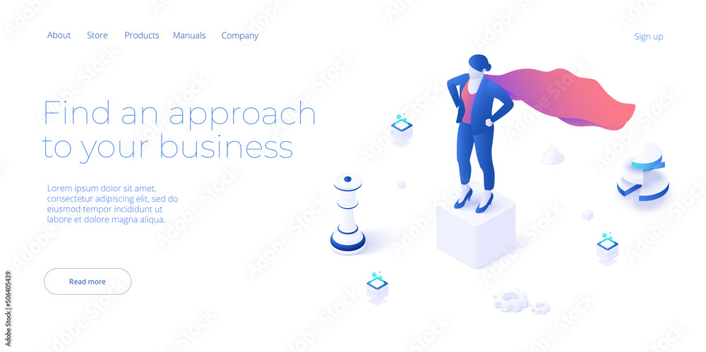 Business strength potential in isometric vector design concept. Powerful businesswoman striving and 