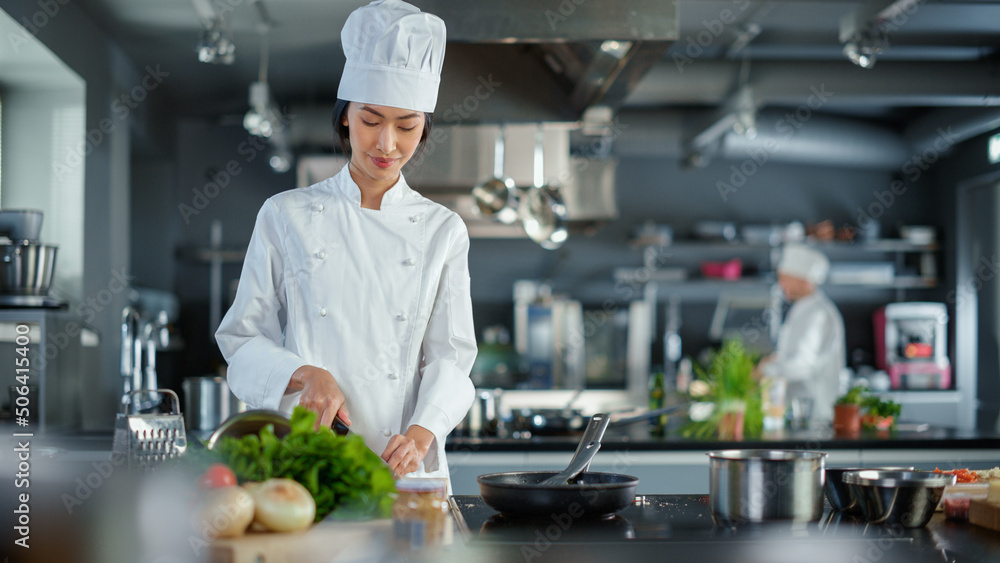 Modern Kitchen Restaurant: Portrait of Asian Female Chef, Crossing Arms and Looking at Camera Smiles