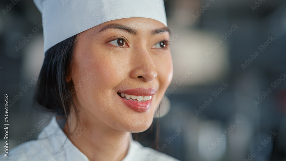 World Famous Restaurant: Portrait of Smiling Asian Female Chef Cooking Delicious, Steamy, Authentic 