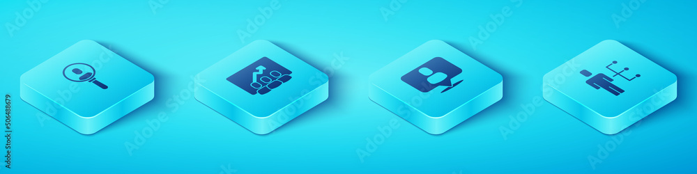 Set Isometric Search a people，Project team base，User of man in business suit and Head hunting icon（设