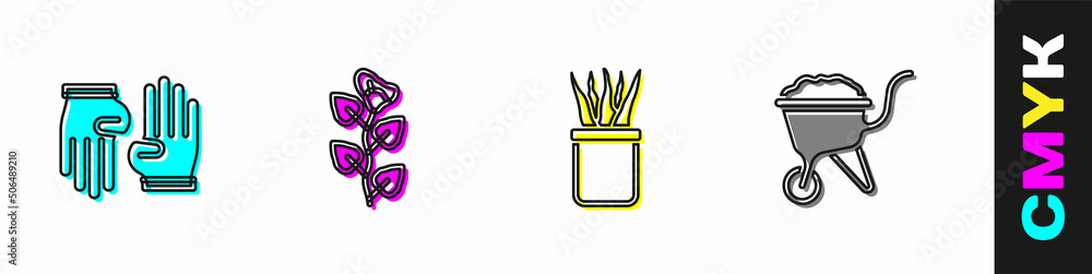 设置橡胶手套、常春藤枝条、花盆和带有泥土图标的手推车。矢量