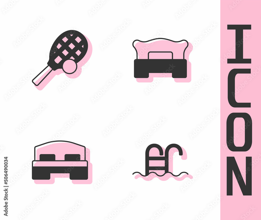 Set Swimming pool, Tennis racket with ball, Hotel room bed and Bedroom icon. Vector