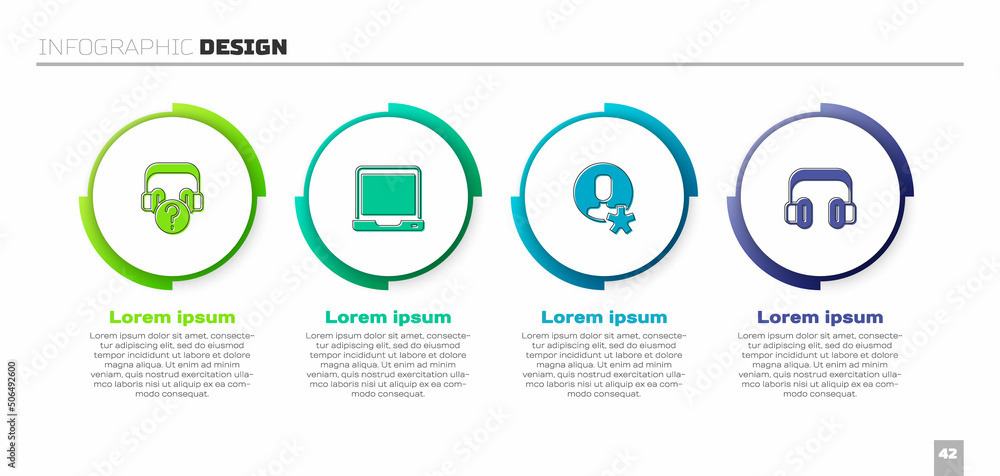 设置带问题的耳机，笔记本电脑，当选员工和。商业信息图模板。矢量