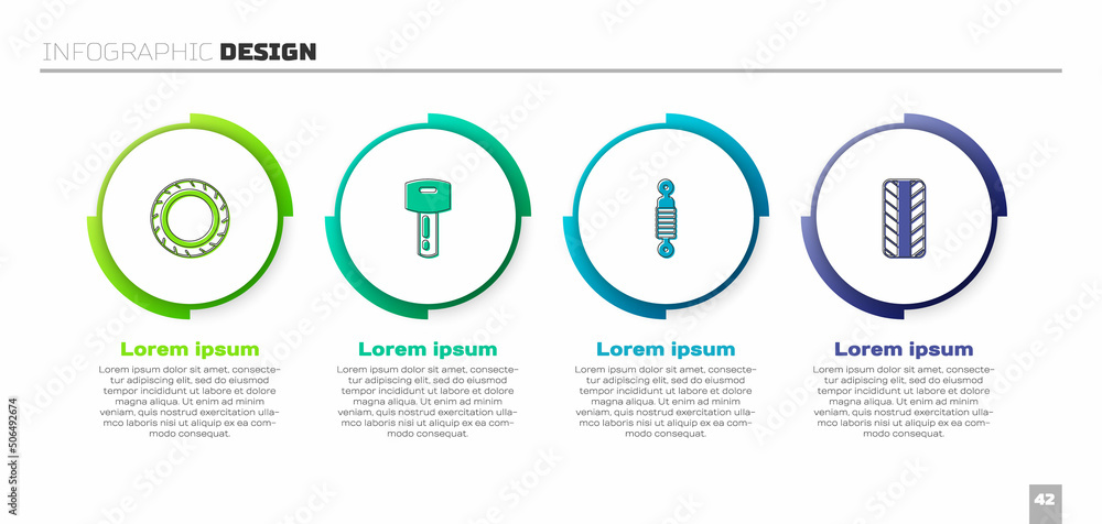 Set Car tire wheel, key with remote, Shock absorber and . Business infographic template. Vector