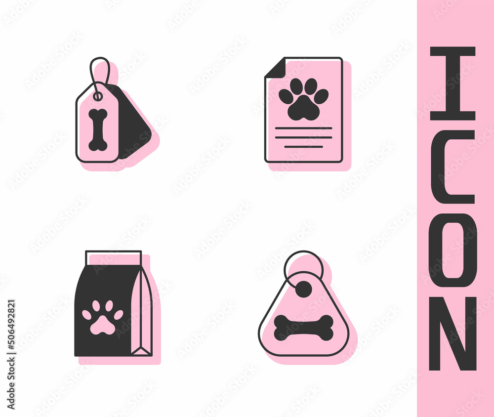 Set Dog collar with bone, Bag of food for pet and Medical clinical record icon. Vector