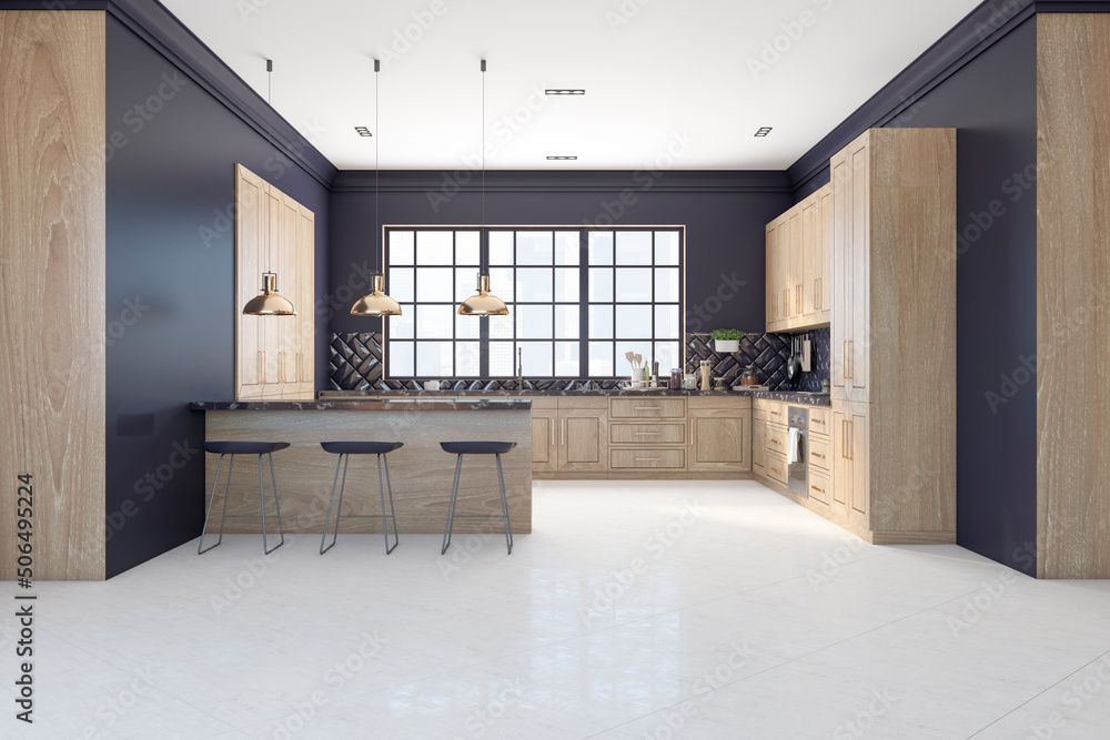 Eco style spacious kitchen area interior design with wooden kitchen set, dark blue walls, three bar 