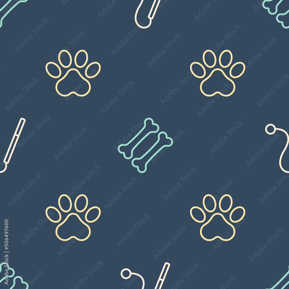 Set line Pet cat toy, Paw print and Dog bone on seamless pattern. Vector