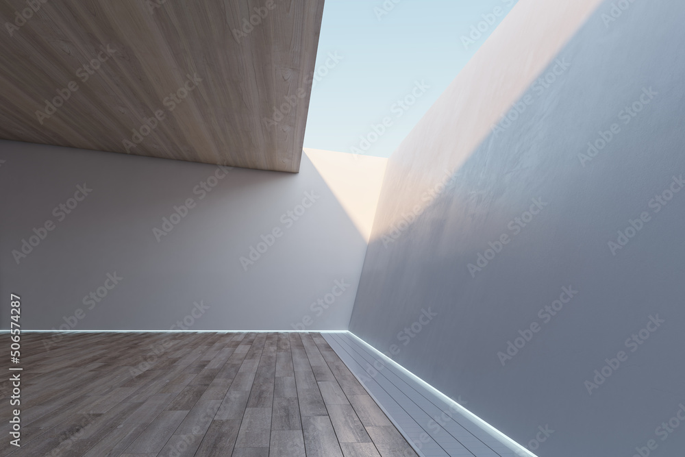 Abstract modern wooden and white concrete interior with ceiling opening with sky view. Mock up place