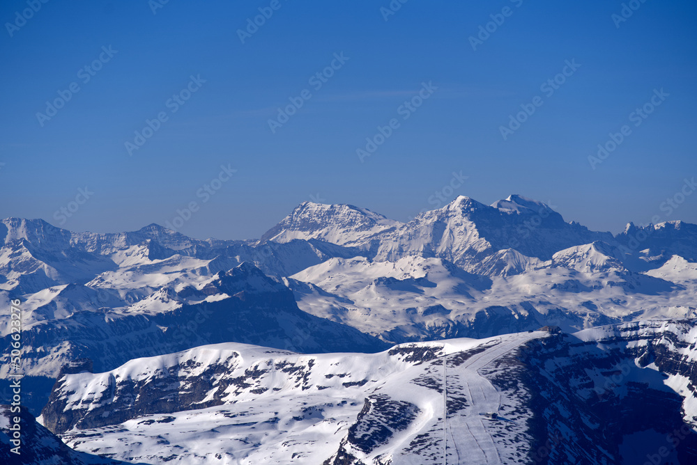 Aerial view over the Swiss Alps with Churfirsten and Toggenburg Valley seen from Säntis peak at Alps