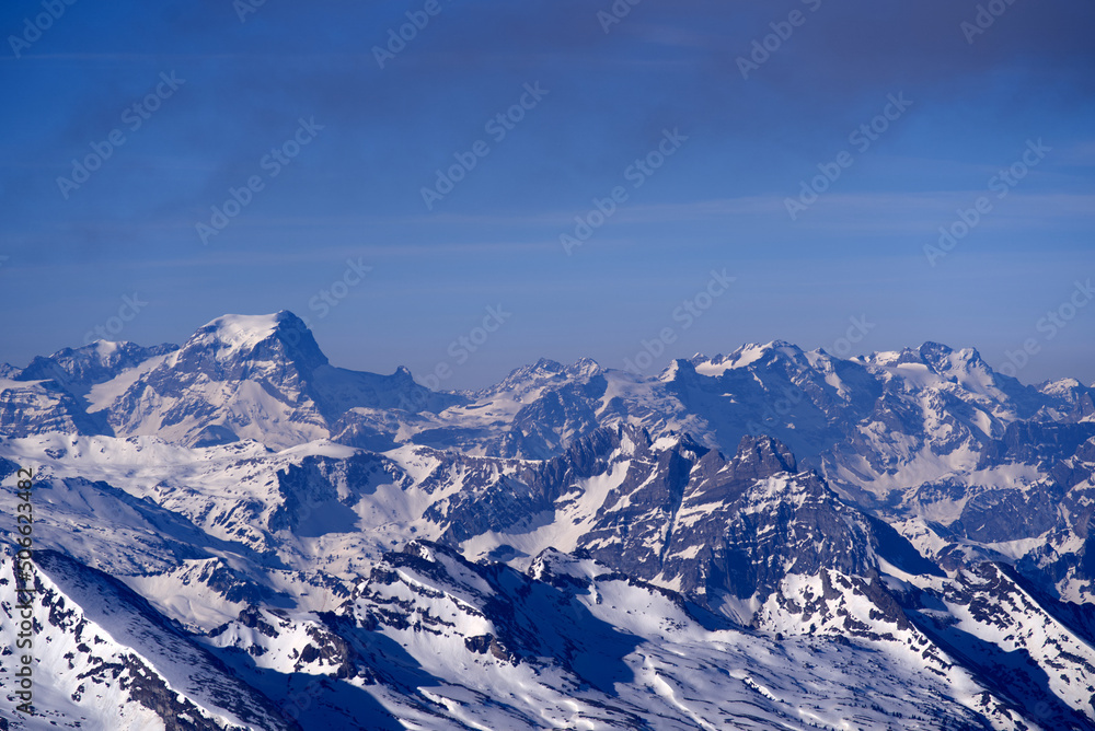 Aerial view over the Swiss Alps with Churfirsten and Toggenburg Valley seen from Säntis peak at Alps