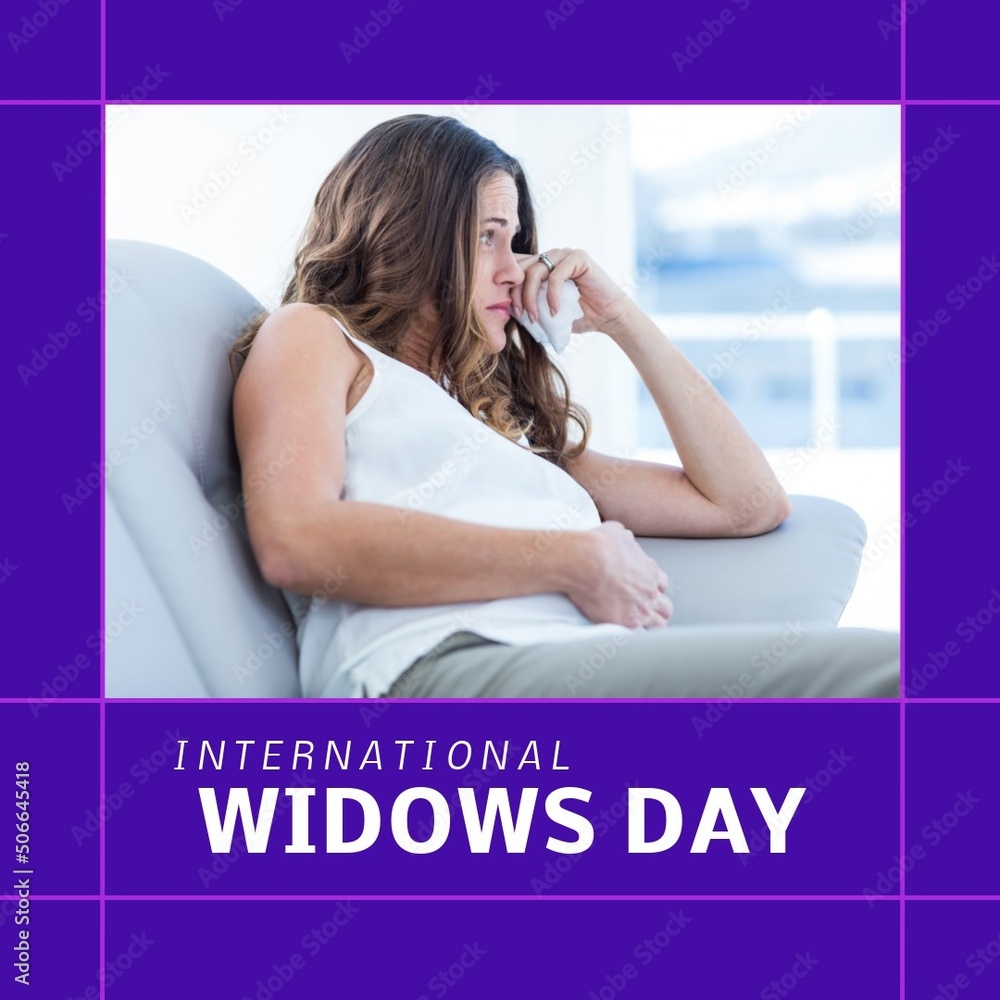 Composite image of caucasian mid adult woman crying at home and international widows day text