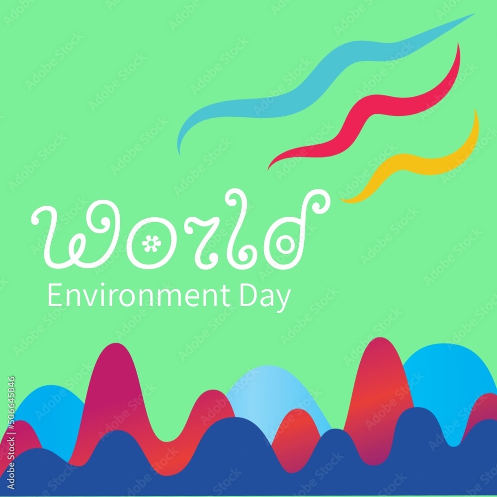 Illustration of world environment day text with colorful scribbles on green background, copy space