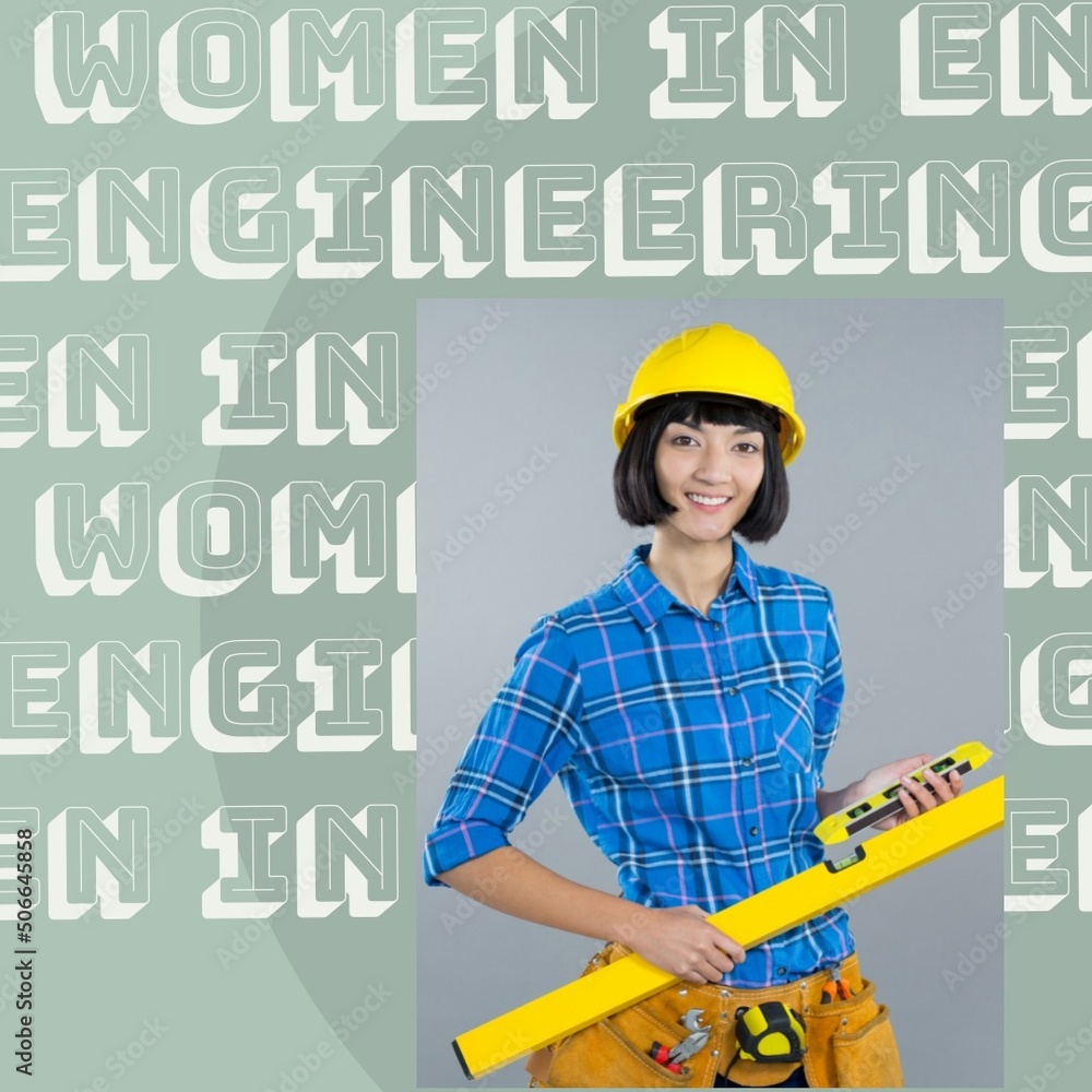 Composite of portrait of asian young female engineer with work tools and women in engineering text