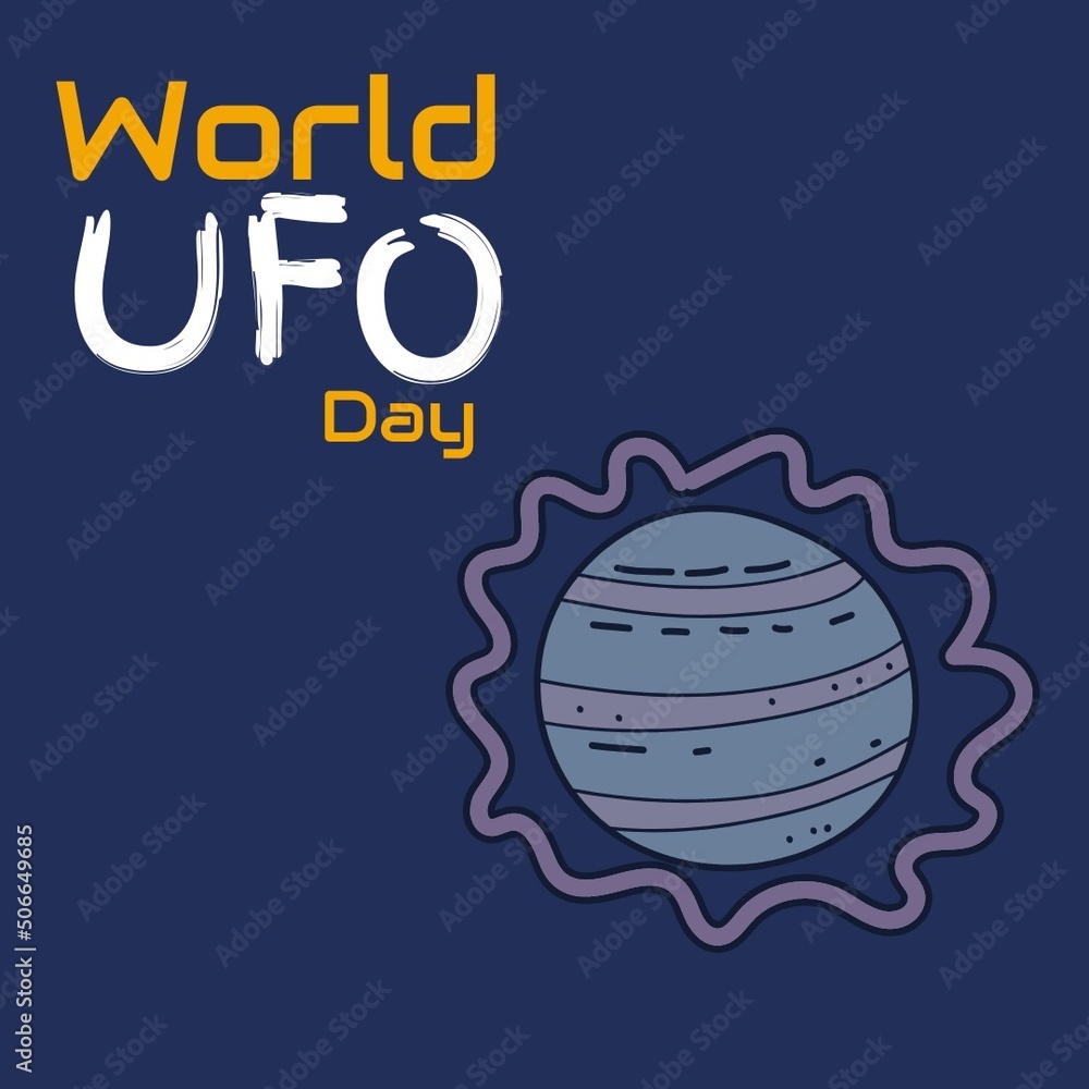 Illustrative image of ufo and world ufo day text over blue background, copy space