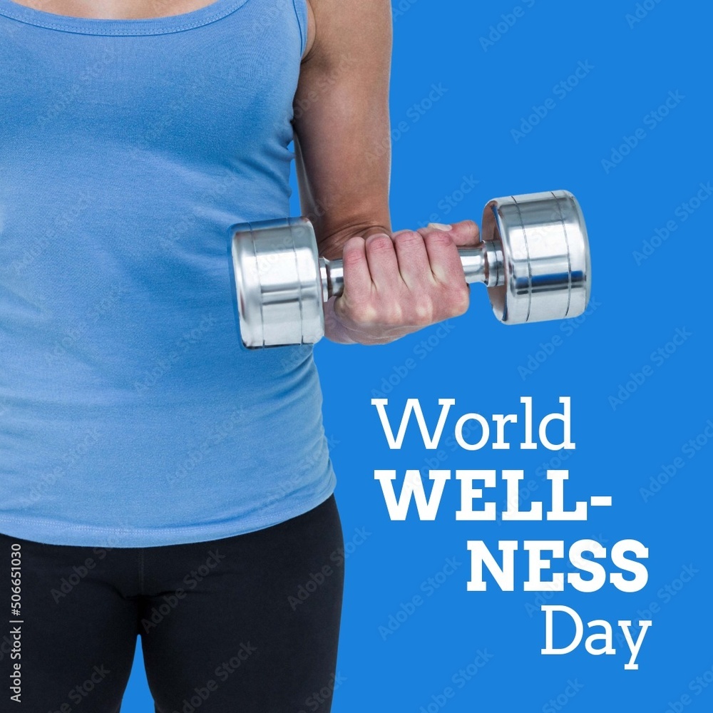 Digital image of caucasian woman holding dumbbell with world wellness day text, blue background