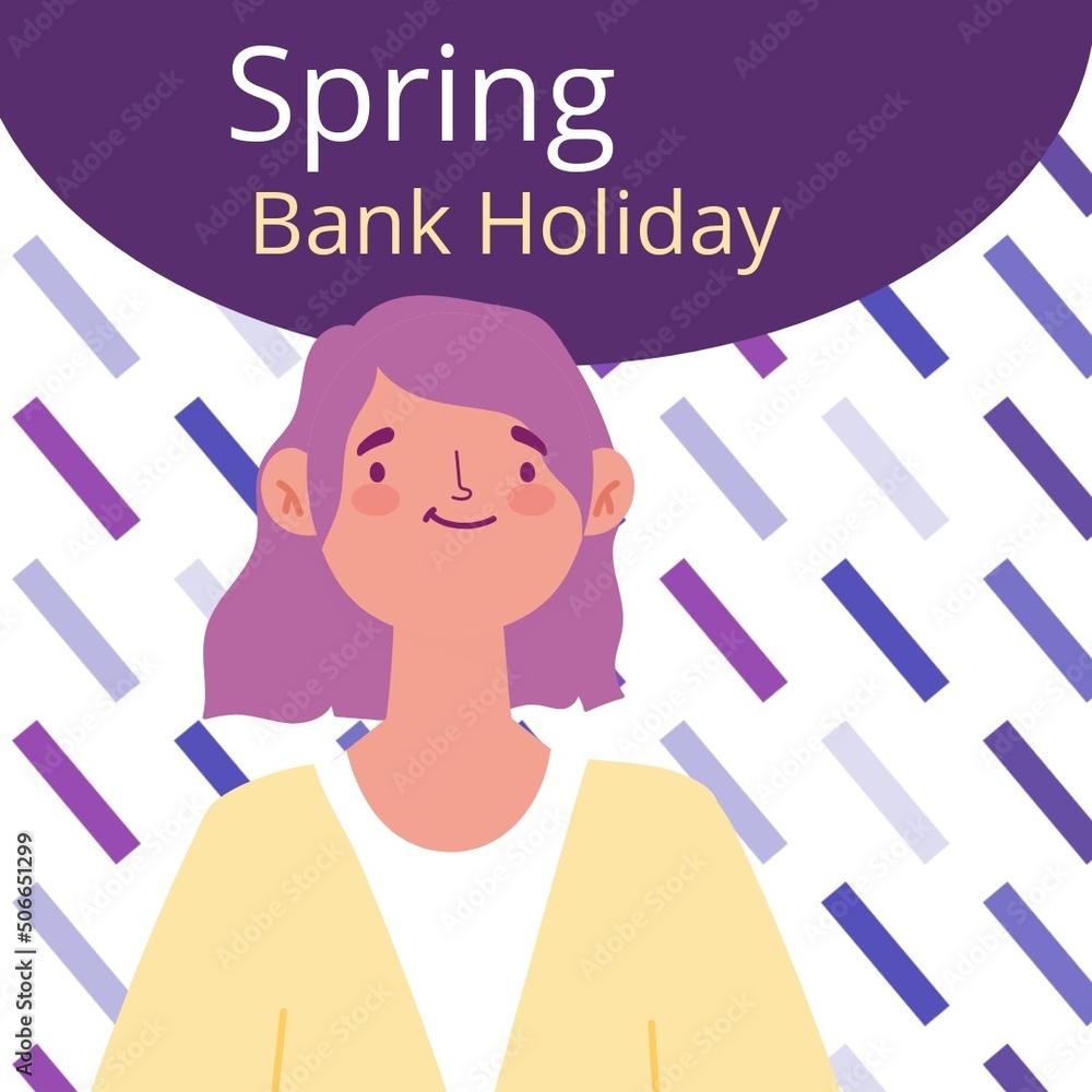 Vector image of smiling woman and spring bank holiday text with creative art