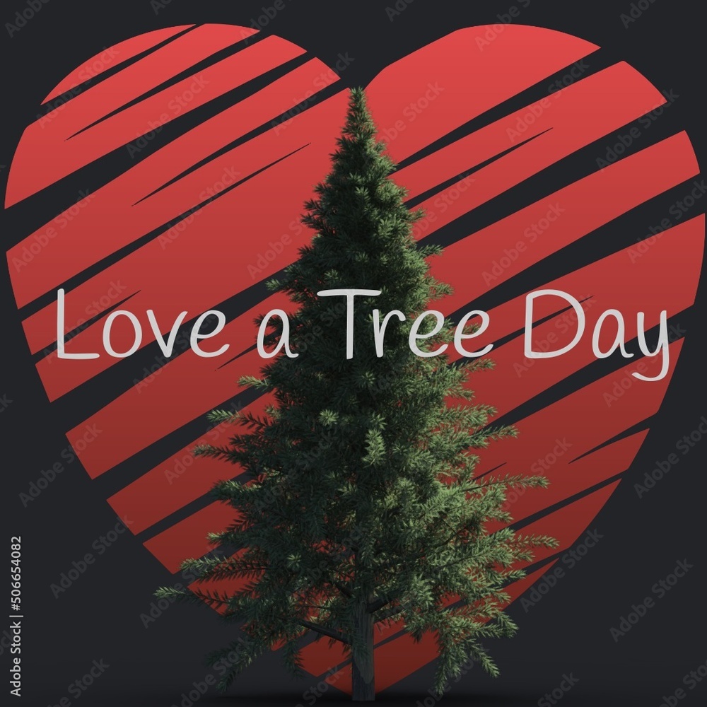 Illustration of christmas tree with love a tree day text and red heart shape on black background