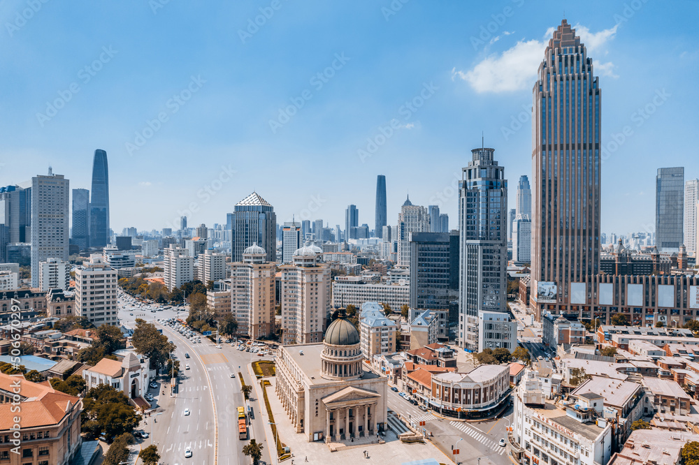 Aerial view of Xiaobai Building and city skyline in Tianjin Concert Hall, Tianjin, China