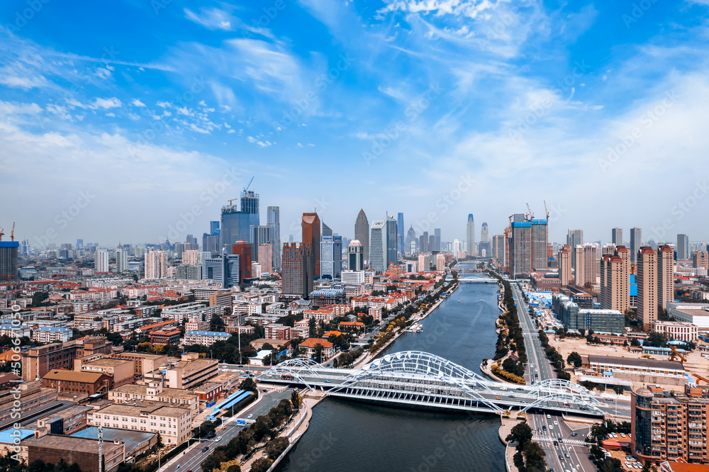 Aerial photography of the city skyline of Haihe Zhigu and Zhigu Bridge in Tianjin, China