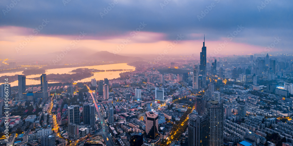 Dusk scenery of Zifeng Building and city skyline in Nanjing, Jiangsu, China